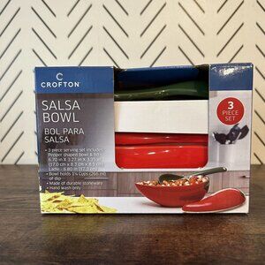 Crofton Stoneware Salsa Bowl 3 Piece Serving Set Spoon Ladle w/ Classic Recipe